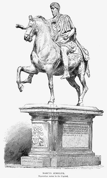 MARCUS AURELIUS (121-180). Roman emperor, 161-180. Roman equestrian statue, the only such remaining of a Roman emperor. Wood engraving, American, 19th century