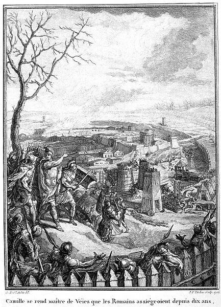 MARCUS FURIUS CAMILLUS (c446-365 B. C. ). Roman general and statesman. Camillus (at left, holding baton) capturing the Etruscan city of Veii after a ten-year siege, c396 B. C. French copper engraving, 1762