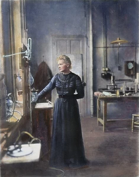 MARIE CURIE (1867-1934) in her laboratory at the Sorbonne, Paris: oil over a photograph, c1908