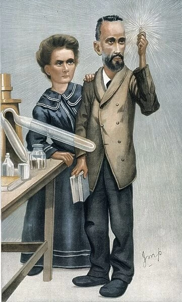 MARIE AND PIERRE CURIE. English caricature lithograph, 1904