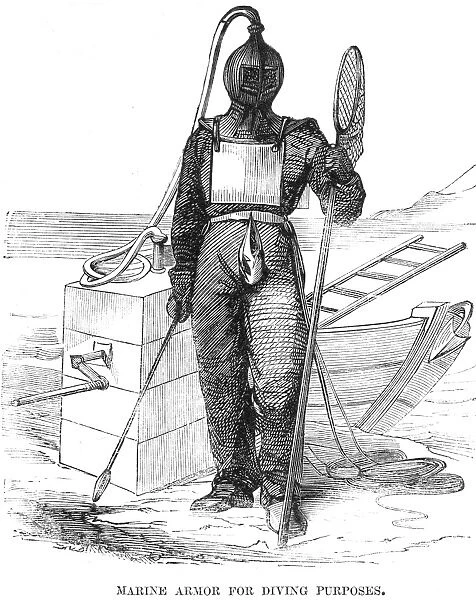 MARINE DIVER, 1853. Marine armor for diving purposes. Wood engraving, American, 1853