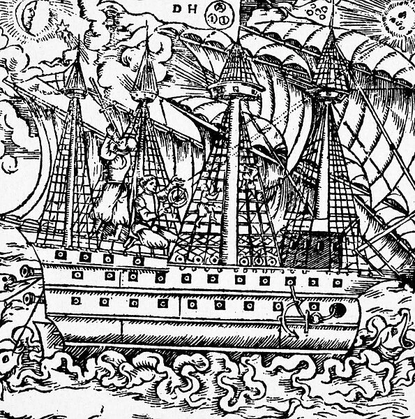 MARINERS SIGHTING, 1557. Mariners sighting on a star with a cross-staff (left)