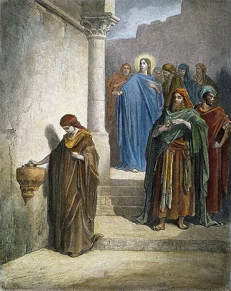 (Mark 12: 43). Color engraving after Gustave Dor