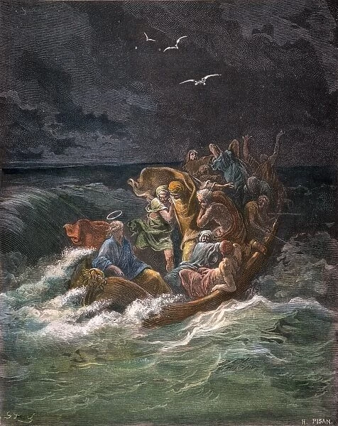 (Mark 4: 39). Color engraving after Gustave Dor
