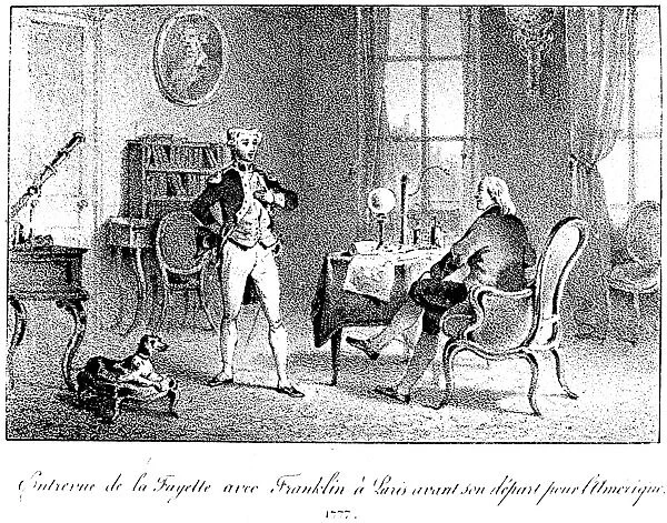 Marquis de Lafayette and Benjamin Franklin meeting for the first time at Paris, France, in February 1777. Lithograph, French, 19th century