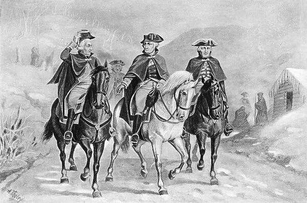 Marquis de Lafayette, George Washington, and Baron von Steuben at the Continental Armys winter encamptment at Valley Forge, Pennsylvania, winter 1778. Photogravure, American, late 19th century, after a painting by Augustus Tholey