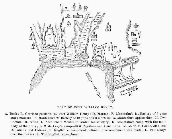 The Marquis de Montcalms attack on Fort William Henry, Lake George, New York, 4-9 August 1757, during the French and Indian War. Re-drawing of an English plan of 1763