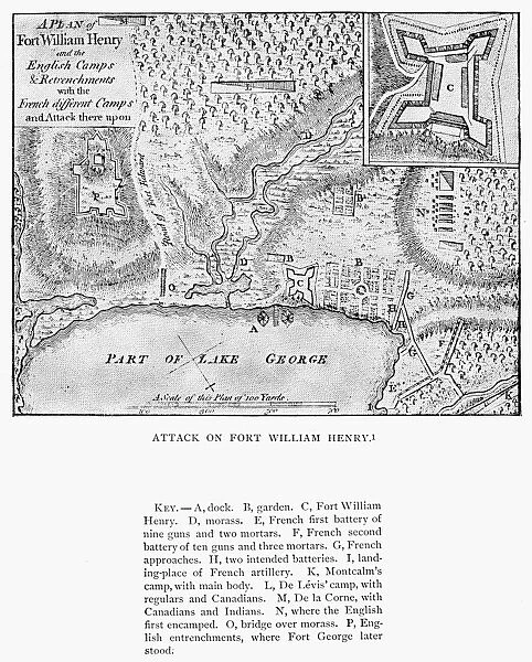 The Marquis de Montcalms attack on Fort William Henry, Lake George, New York, 4-9 August 1757. Re-drawing of an English plan of 1763