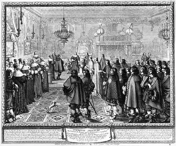 MARRIAGE CONTRACT, 1645. Ceremony in observance of the conclusion of the contract of marriage between King Wladyslaw IV Vasa of Poland and Marie Louise Gonzaga, at Fontainebleau, France, 25 September 1645. Etching, 1645, by Abraham Bosse