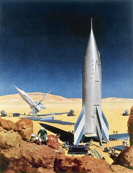 MARS MISSION, 1950s. American magazine illustration by Chesley Bonestell, early 1950s, depicting an exploratory expedition to Mars preparing for its return flight to Earth