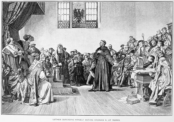 MARTIN LUTHER (1483-1546). German religious reformer. Luther defends himself before Holy Roman Emperor Charles V at the Diet in Worms, Germany, 17-18 April 1521. Line engraving, 19th century