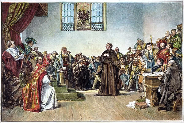 MARTIN LUTHER (1483-1546). German religious reformer. Luther defends himself before Holy Roman Emperor Charles V at the Diet in Worms, 17-18 April 1521. Line engraving, 19th century