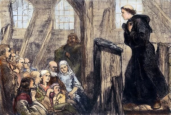 MARTIN LUTHER (1483-1546). German religious reformer. Luther preaching in the old wooden church at Wittenberg. Wood engraving, 19th century