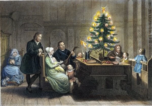 MARTIN LUTHER (1483-1546) with his wife, Katharina von Bora, and children in Wittenberg on Christmas Eve, 1536: German engraving, 19th century