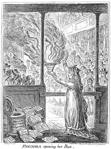 MARY ANNE CLARKE (1776-1852). English courtier. Pandora Opening Her Box. Cartoon
