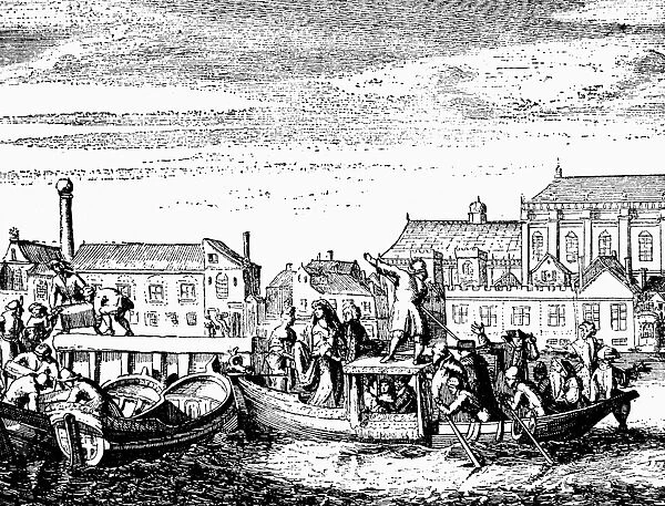 MARY OF MODENA, 1688. Mary of Modena, consort of King James II of England, fleeing Whitehall with her newborn son (later to be the Old Pretender ), 19 December 1688: contemporary engraving