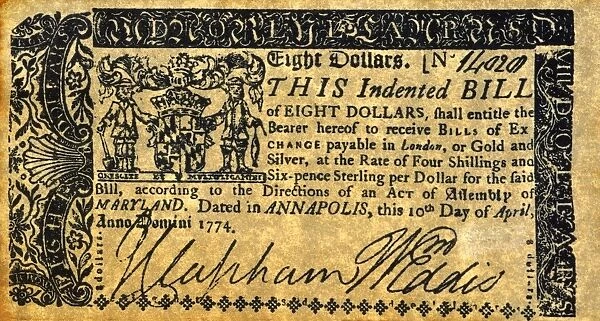 MARYLAND BANK NOTE, 1774. Banknote for eight dollars