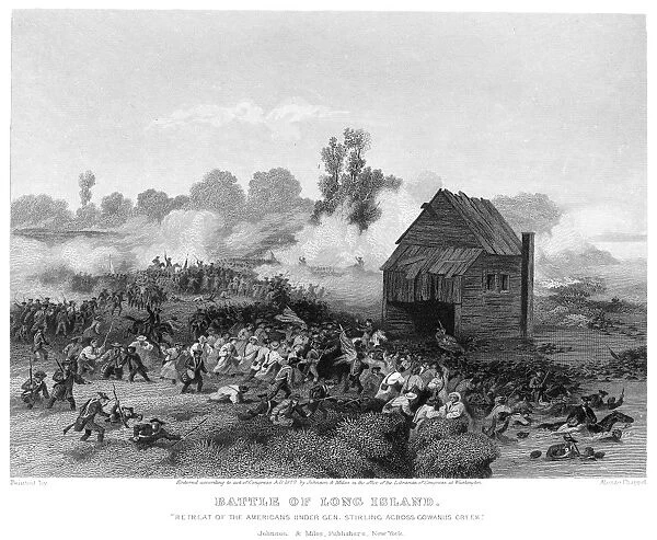 Maryland and Delaware Continental soldiers retreating across Gowanus Creek after checking the British advance during the Battle of Long Island, 27 August 1776. Steel engraving, American, 1877, after a painting by Alonzo Chappel