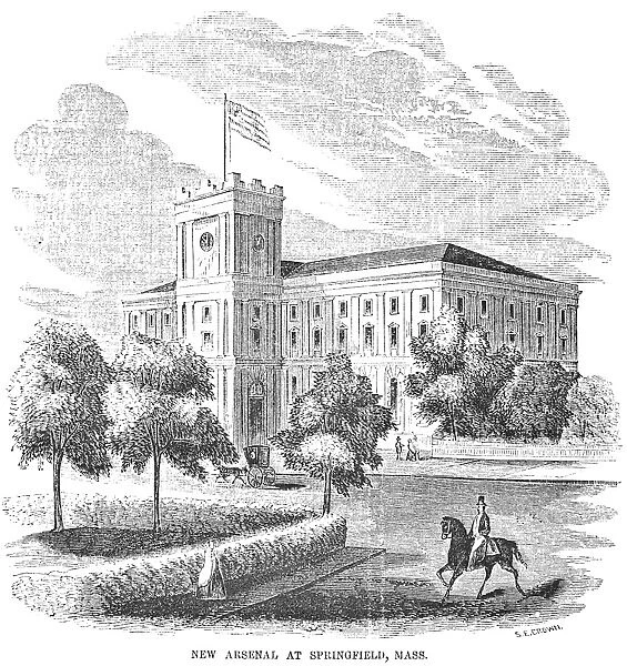 MASSACHUSETTS: ARSENAL. The New Arsenal at Springfield, Massachusetts, which was the largest manufacturer of muskets in the later 19th century. Wood engraving, American, 1854