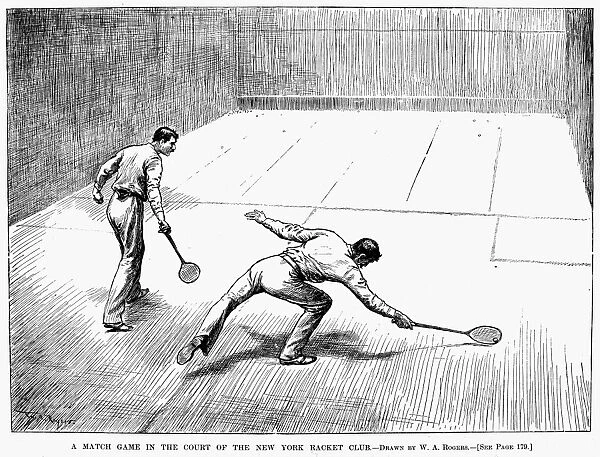 A match game of Racquetball in the court of the New York Racket Club. Line engraving, 1890