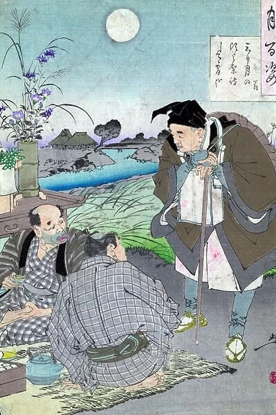 MATSUO BASHO (1644-1694). Japanese poet. Basho as an old man and a traveler, stopping to talk with two men having tea by the roadside. Woodcut from One Hundred Aspects of the Moon, by Tsukioka Yoshitoshi, 1885-1892