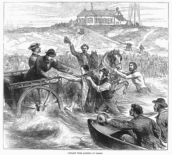 MATTHEW WEBB (1848-1883). English swimmer. Webbs arrival at Calais, France, on his second and successful attempt to swim the English Channel, 25 August 1875. Wood engraving from a contemporary English newspaper