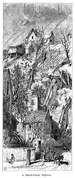 MAUCH CHUNK, PENNSYLVANIA. The town of Mauch Chunk, Pennsylvania, by the Lehigh River. Wood engraving, American, c1874