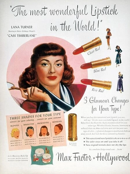 MAX FACTOR LIPSTICK AD. Endorsed by the movie star Lana Turner, from an American magazine of 1948