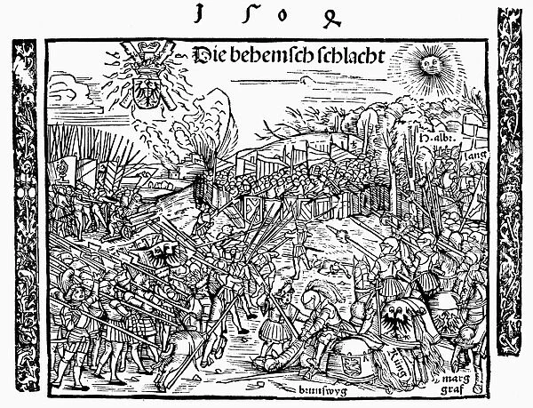 MAXIMILIAN I IN BATTLE, 1504. The victory of Holy Roman Emperor Maximilian I (1459-1519)