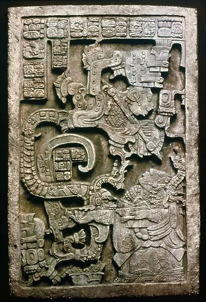 MAYAN GLYPH. A worshipper kneeling before a double-headed serpent deity: Lintel 25, House G, Yaxchilan, Chiapas, Mexico, c681 A. D
