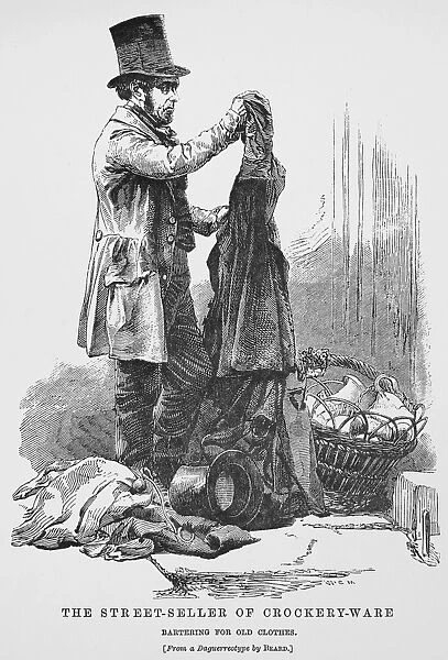 MAYHEW: LONDON, 1861. The street-seller of crockery-ware bartering for old clothes. Wood engraving from Henry Mayhews London Labour and the London Poor, 1861