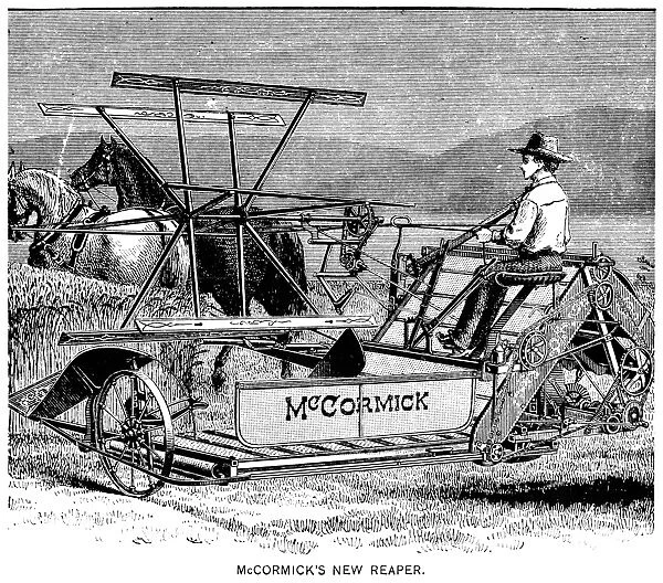McCORMICK REAPER, 1887. An American farmer harvesting grain with a McCormick Reaper, drawn by a team of two horses. Wood engraving, American, 1887