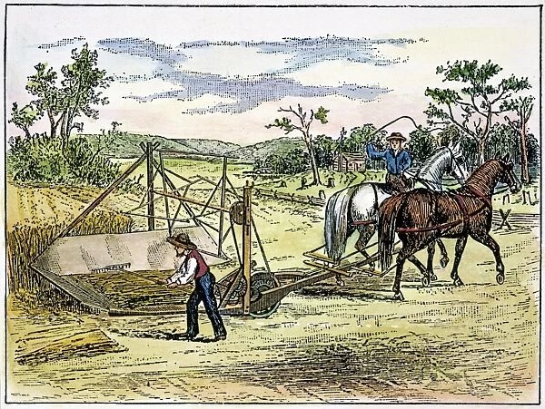McCORMICKs REAPER, 1834. Cyrus McCormicks first reaping machine, pateneted in 1834. Wood engraving, American, 19th century