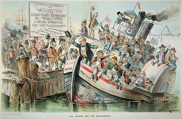 McKINLEY CARTOON, 1896. All Aboard for the Millennium. An anti William McKinley cartoon of 1896