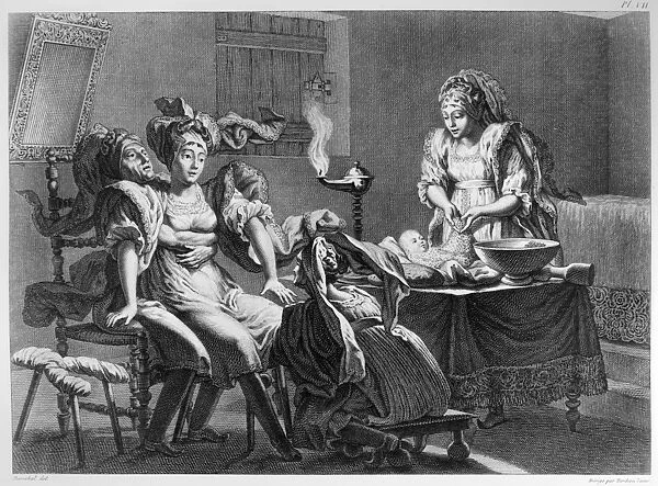 MEDICINE: CHILDBIRTH. A woman giving birth with the aid of three midwives. Engraving, 19th century