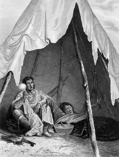 A medicine man administering to a patient, to the accompaniement of the sacred rattle. Steel engraving, 1851, after Seth Eastman