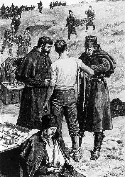 Medics attending to wounded soldiers after Battle of Fish Creek during the Second Riel Rebellion in Saskatchewan, Canada in 1885