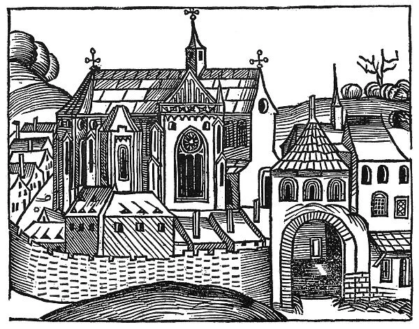 MEDIEVAL CHURCH. Woodcut from The Nuremberg Chronicle, 1493