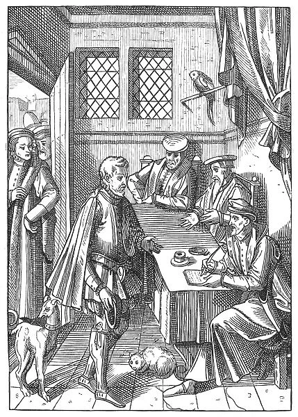 MEDIEVAL KINGs BAILIFF, 1557. Tribunal of the Kings Bailiff. Wood engraving after a line engraving from Praxis Rerum Civilium by Josse Damhoudere, published in Antwerp, Belgium, 1557