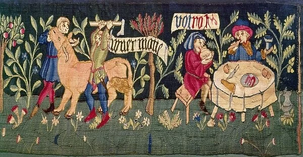 MEDIEVAL MEAL. A medieval tapestry showing two men at a meal and the slaughtering of a cow