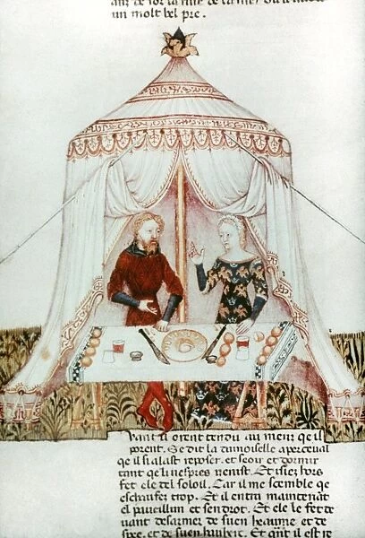 MEDIEVAL PICNIC. A lord and a lady at a picnic. French manuscript illumination