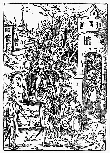 MEDIEVAL PRISON, 1509. Criminals being led to prison. Woodcut, Augsburg, Germany, 1509