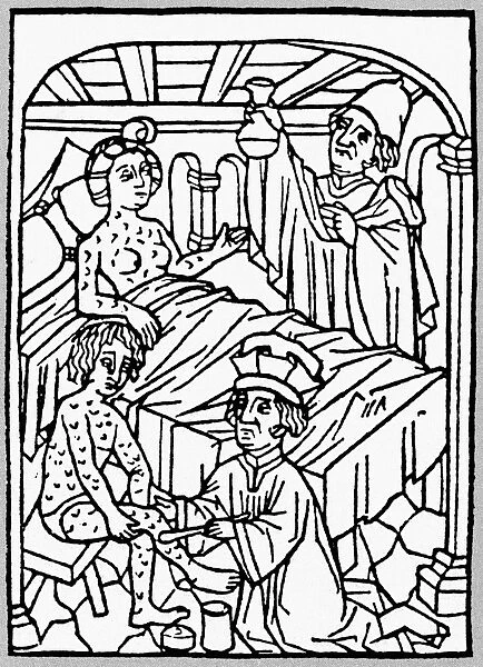 MEDIEVAL SYPHILIS, 1497. A doctor inspects the urine sample of a female patient