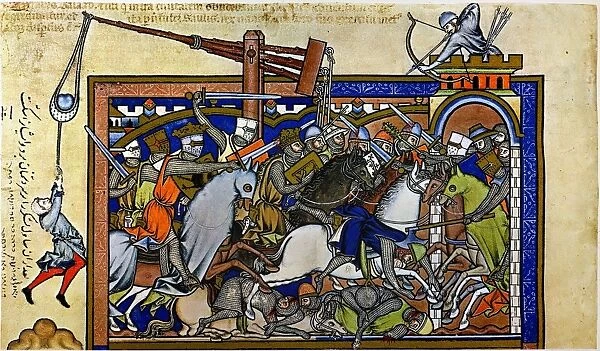 MEDIEVAL WARFARE, c1250. Sauls destruction of Nahash and the Ammonites (I Samuel 11: 11), represented as an assault by medieval knights on a fortified town. French manuscript illumination, c1250