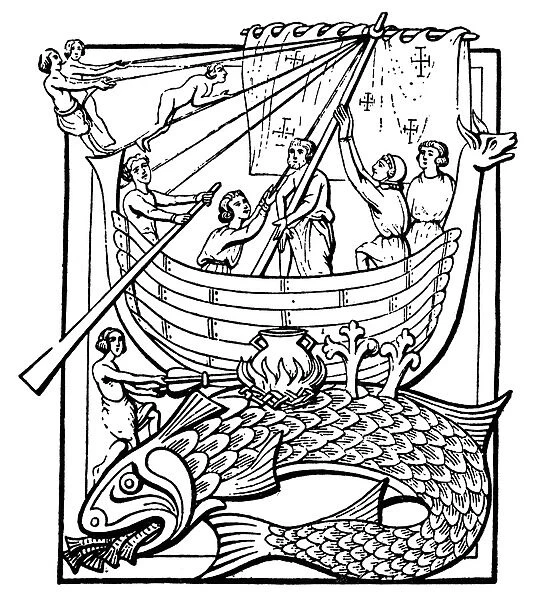 MEDIEVAL WHALE. Medieval woodcut showing sailors who landed on a whale, thinking it was land