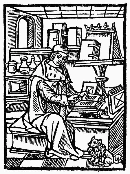 MEDIEVAL WRITER. a Medieval writer, possibliy a scribe, in his cell. Woodcut, 15th century
