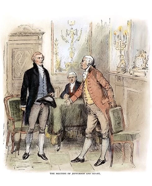 The meeting of U. S. Secretary of State Thomas Jefferson (left) and Citizen Genet, the newly appointed French minister to the United States, at Philadelphia, 7 July 1793: wood engraving, c1880