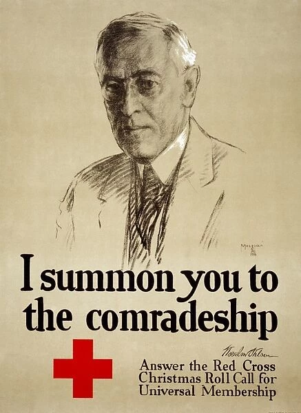 Membership recruitment poster for the American Red Cross, featuring President Woodrow Wilson. Lithograph by Leo Mielziner, 1918