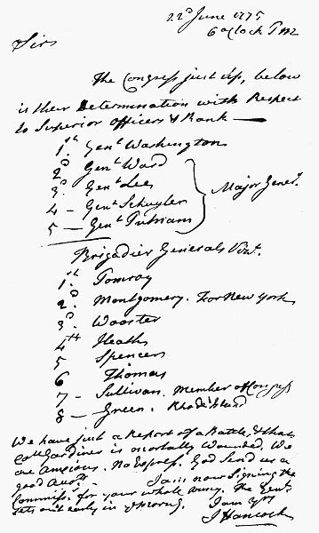 Memorandum by John Hancock, 22 June 1775, giving the relative rank of the first generals appointed by Congress