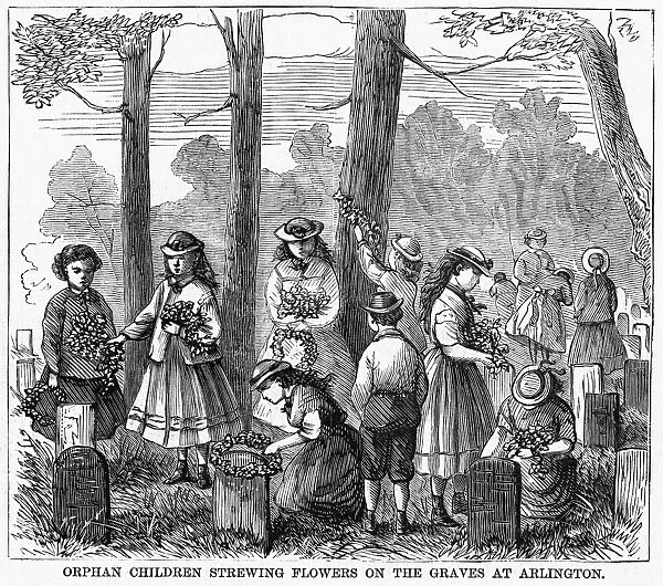 MEMORIAL DAY, 1868. Orphan children laying wreaths and strewing flowers on the